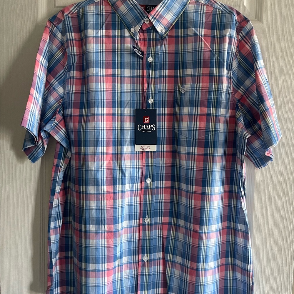 Chaps Men’s Short-Sleeve Plaid Button-Down Shirt - Blue & Pink